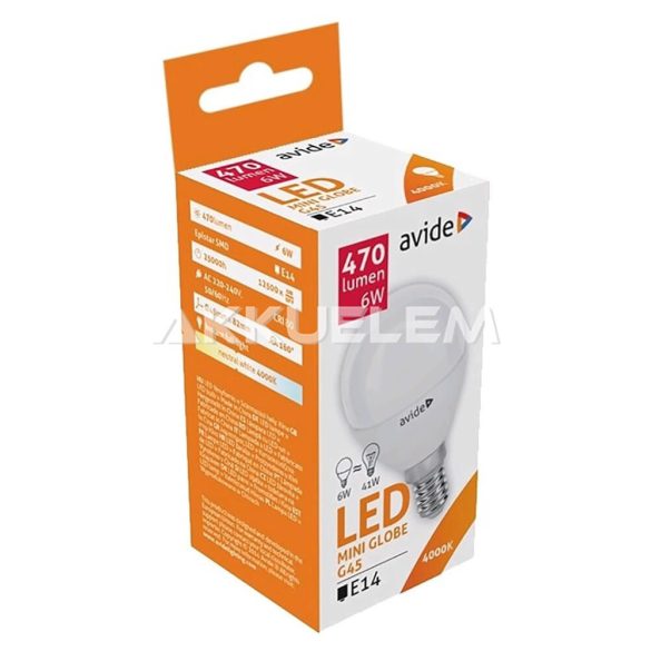 Avide Globe Mini G45 E14 6W 470lm 4000K LED-izzó 3év gar.