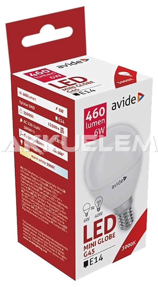 Avide Globe Mini G45 E14 6W 460lm 3000K LED-izzó 3év gar.