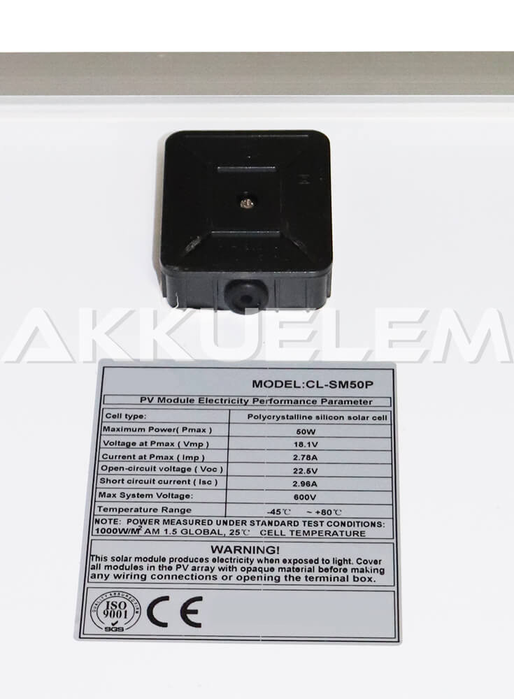 Napelem panel 50W polikristályos 670x530x25mm