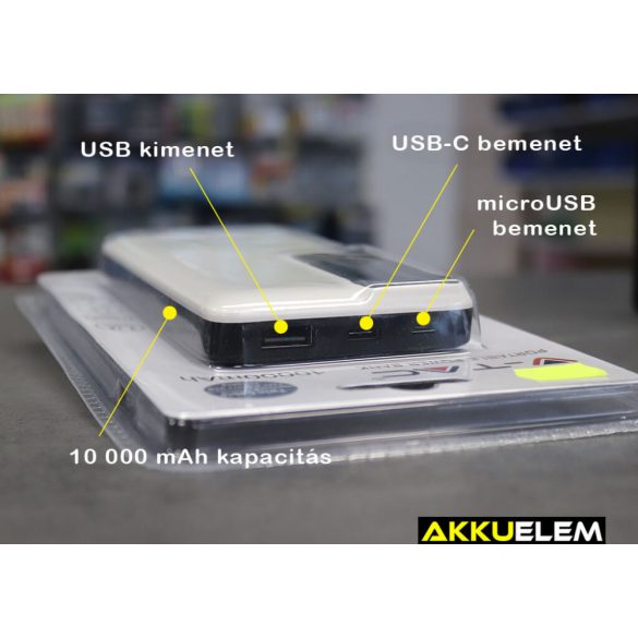 Digitális külső akkumulátor FEHÉR 10000mAh USB-C + micro USB bemenet