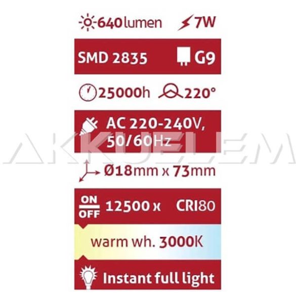 Avide G9 7W 3000K 640lm 220° LED-izzó