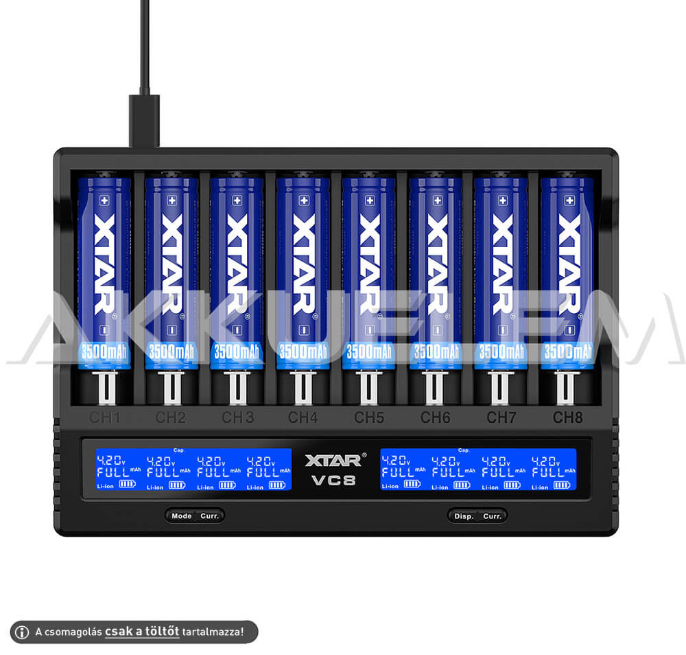 XTAR VC8 Li-ion/Ni-MH QC-USB-s akkumulátor töltő-tesztelő