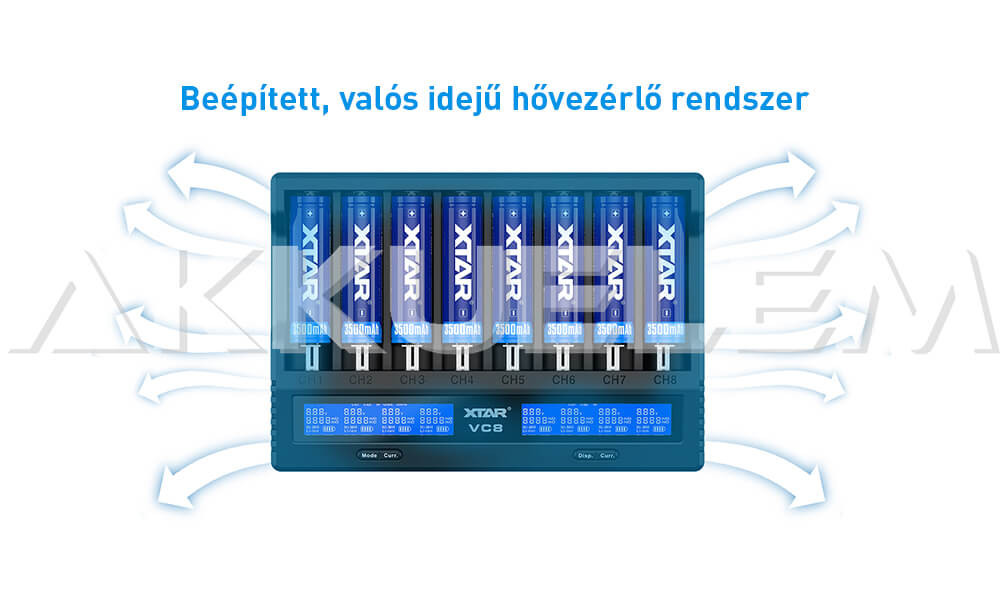 XTAR VC8 Li-ion/Ni-MH QC-USB-s akkumulátor töltő-tesztelő