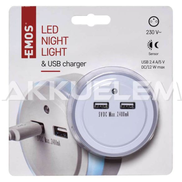 2 x USB töltő adapter 5V 2,4A + éjszakai fény, érzékelővel