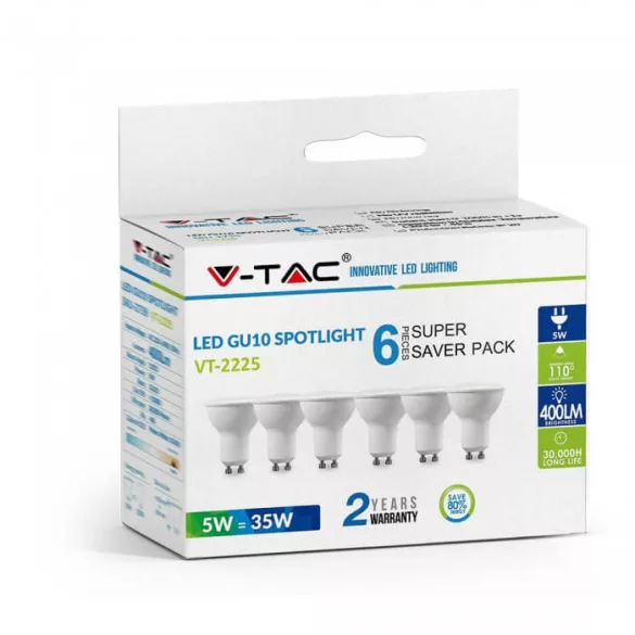 V-TAC GU10 Opál 5W 3000K 400lum 110° LED spotlámpa 6db/doboz