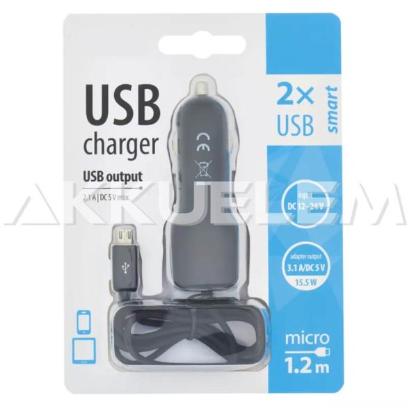 Autós töltő adapter USB 3,1A DC5V 12-24V 1,2m kábel V0217