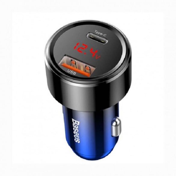 Autós gyorstöltő 12-24V 45W 6A USB-C + USB, kijelzős, kék-fekete színű