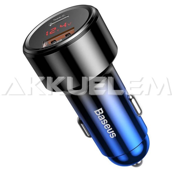 Autós gyorstöltő 12-24V 45W 6A USB-C + USB, kijelzős, kék-fekete színű