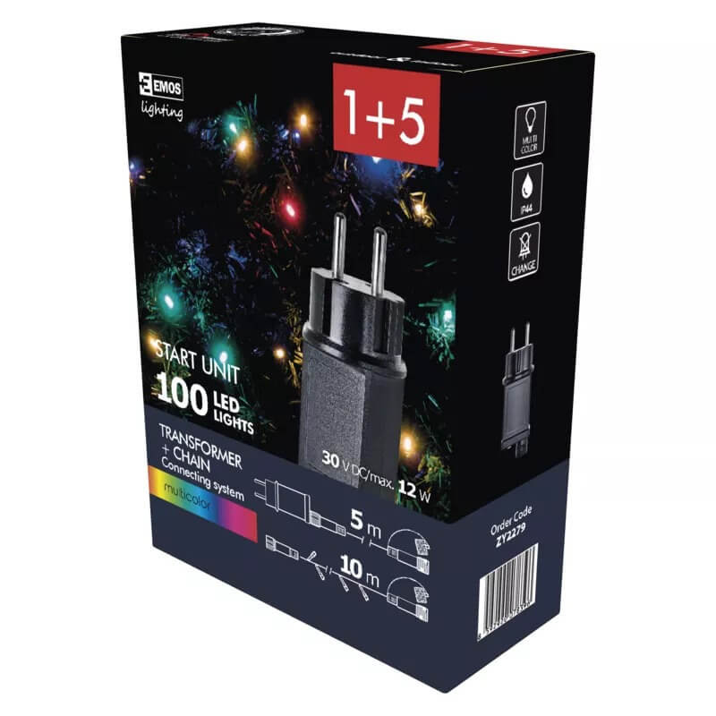 Karácsonyi fényfüzér 100LED 10m + tápkábel 5m IP44 színes CNT