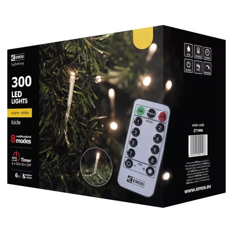   LÁMPA 300Led karácsonyi 5M IP44 WW távirányítós 8 mód jégcsap