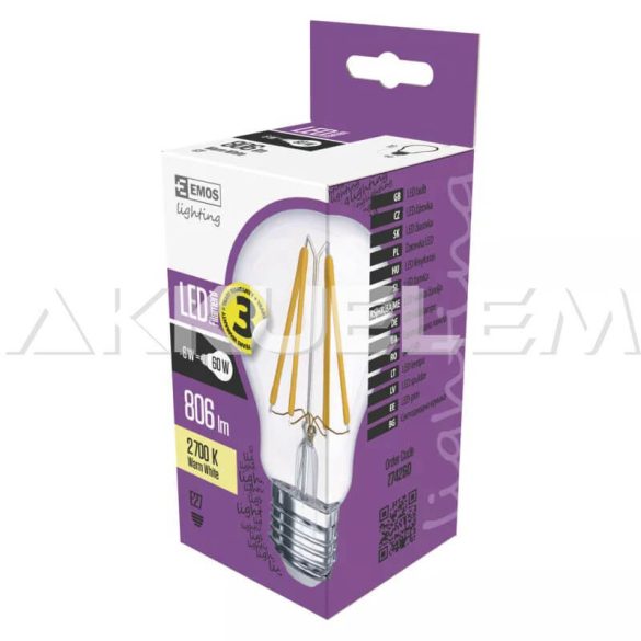 Classic E27 A60 6W 360° 2700K LED 806lm WW A++ filament 60W LED-izzó