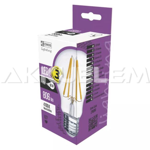 Classic E27 A60 6W 360° 4000K LED 806lm NW A++ filament 60W LED-izzó