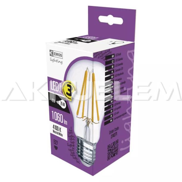 Classic E27 A60 8W 75W 360° 4000K LED 1060lm NW Filament A++ LED-izzó