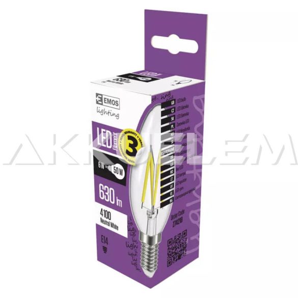 Classic E14 630lm 6W 50W 4000K LED NW A+ Filament gyertya LED-izzó