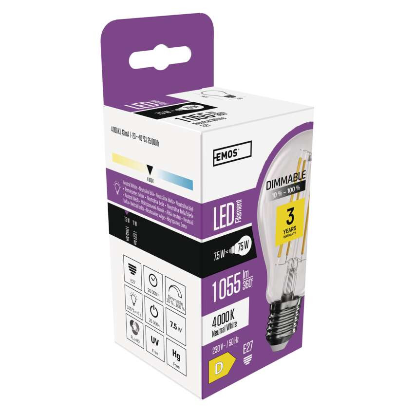 Classic E27 A60 7.5W 4000K LED 1055lm LED-izzó NW LED FILAMENT Dimmelhető ZF5254D