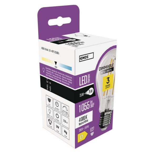 Classic E27 A60 7.5W 4000K LED 1055lm LED-izzó NW LED FILAMENT Dimmelhető ZF5254D