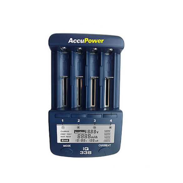 AccuPower IQ-338 Li-ion Ni-MH Ni-Cd univerzális gyorstöltő LCD kij.