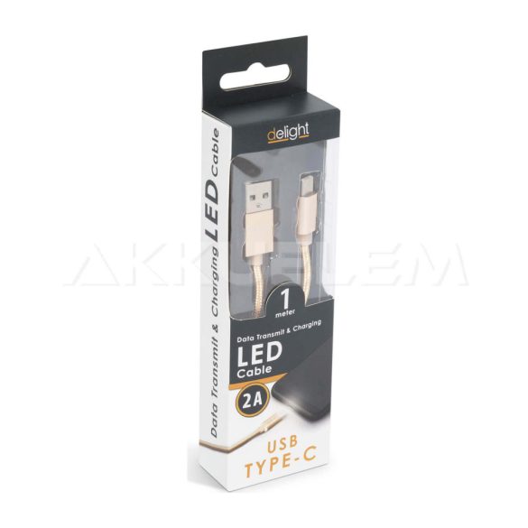 USB Adatkábel + töltő 1m USB-C LED fénnyel delight ARANY 2A Type-C