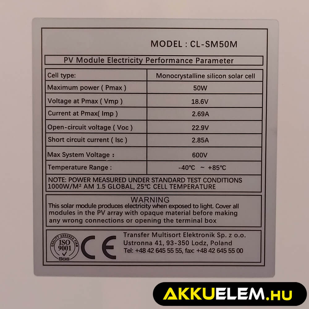 Napelem panel 50W polikristályos 670x530x25mm