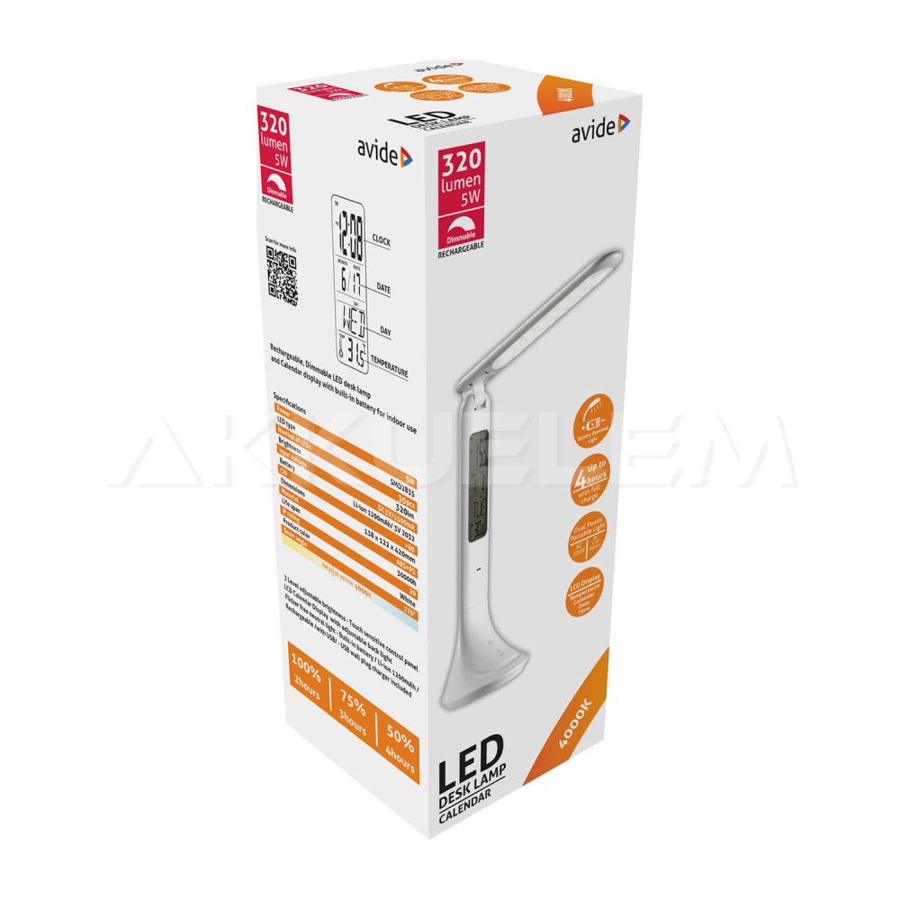 Avide LED lámpa 5W 320lm 170° naptár FEHÉR dimmer tölthető 4000K